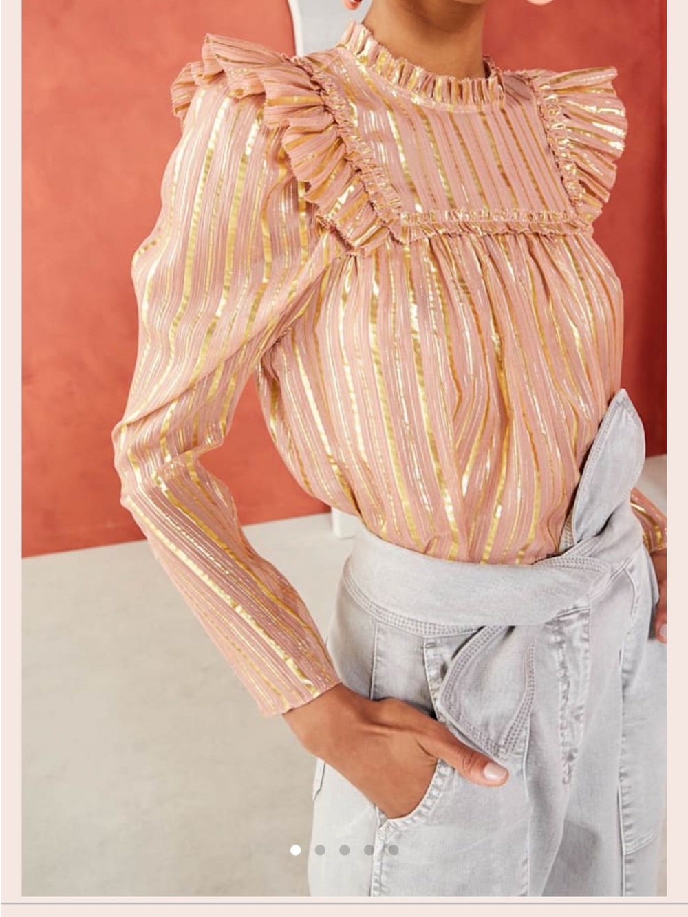 Ulla Johnson leopold Blouse: Rose with Metallic Gold Stripes and Ruffles